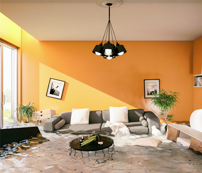 a flooded living room with water covering the floor and furniture floating everywhere